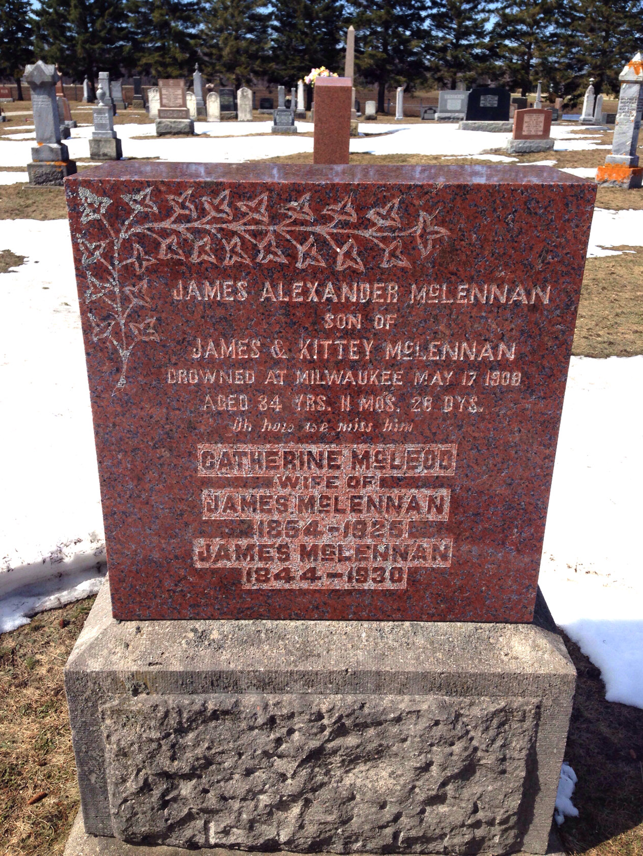 Photo of headstones/James Alexander McLennan (d1909 Milwaukee) hdstn Brockton Purdy cem ON
